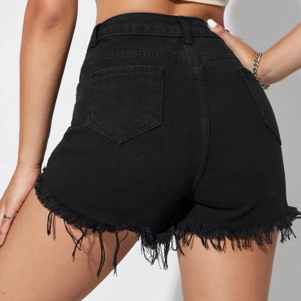 Distressed raw hem ripped high waisted denim jean shorts black - Picture 2 of 8
